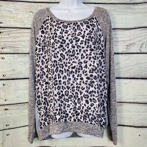 KUT from the Kloth XL Leopard Print Pullover Top Gray Raglan Sleeves Knit Hem